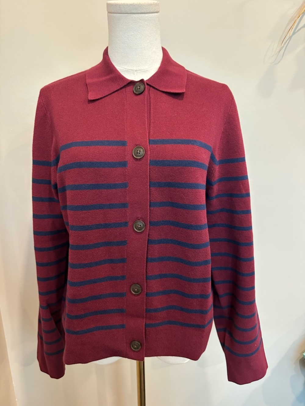 J.Crew Striped Collared Cardigan Sweater Medium Burgundy Navy Knit Preppy - Picture 2 of 5